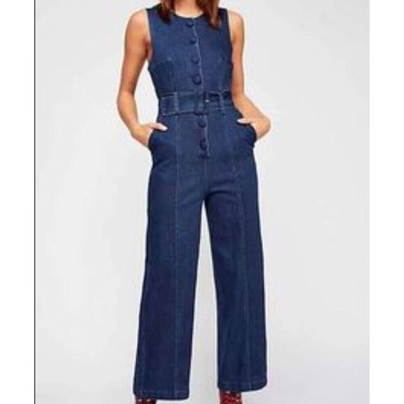 Free People Jumpsuit Women's 2 Blue Denim Sleeveless Button Down Wide Ankle - Picture 5 of 5